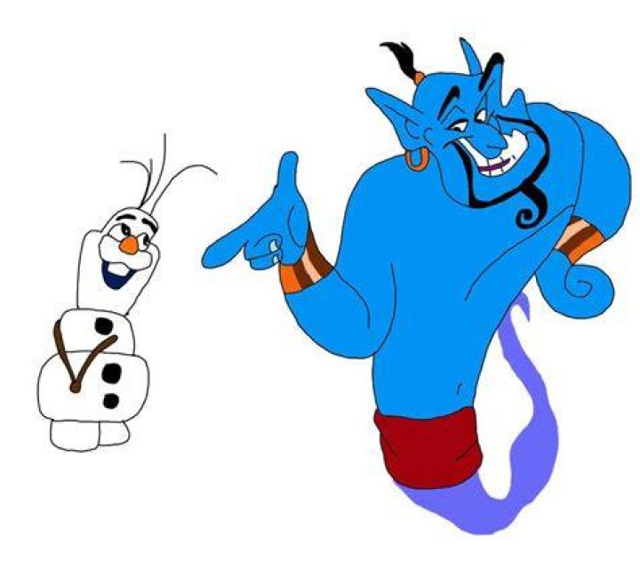 Genie greets Olaf from Frozen in a Disney animation studio.