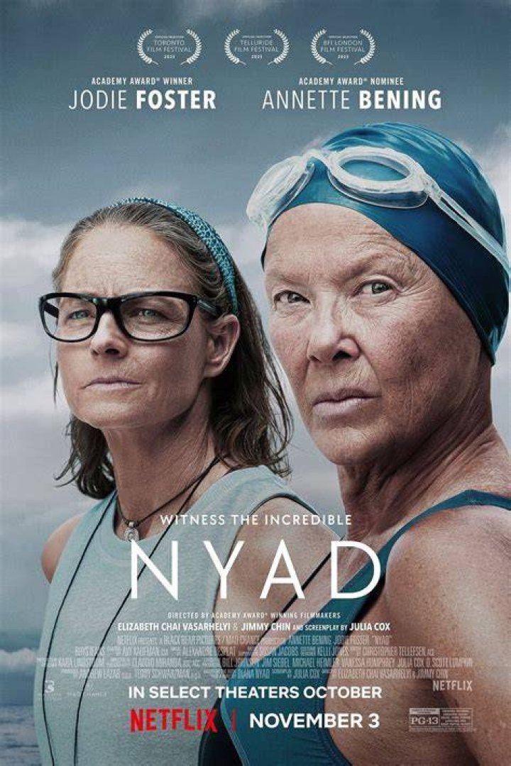 NYAD. (L-R) Annette Bening as Diana Nyad, Rhys Ifans as John Bartlett and Jodie Foster as Bonnie Stoll in NYAD. 